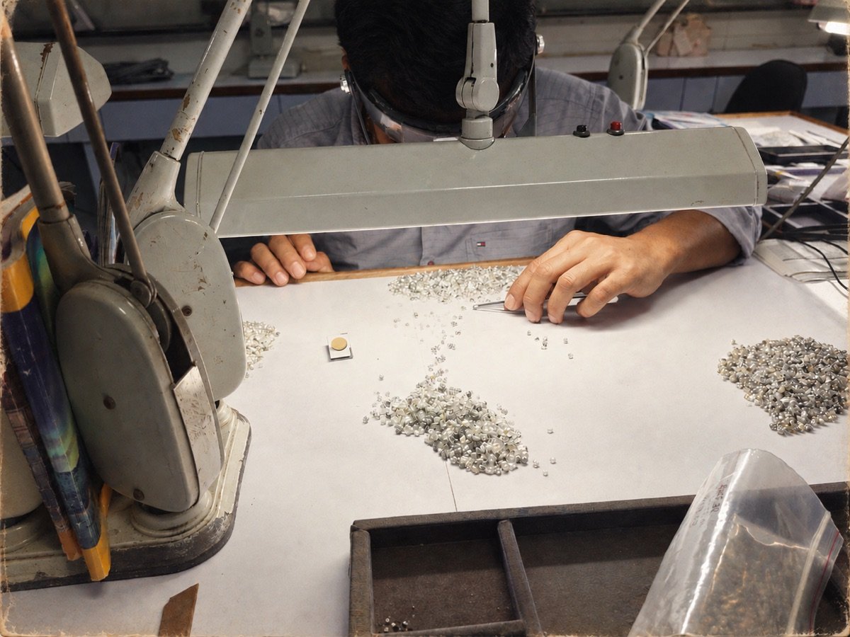 Diamonds being sorted by hand at a lit sorting table