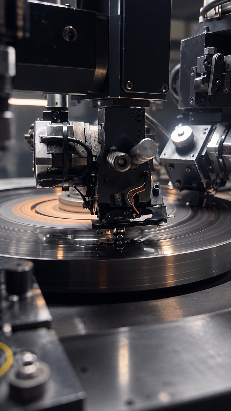 A diamond being finished against a rotating polishing wheel