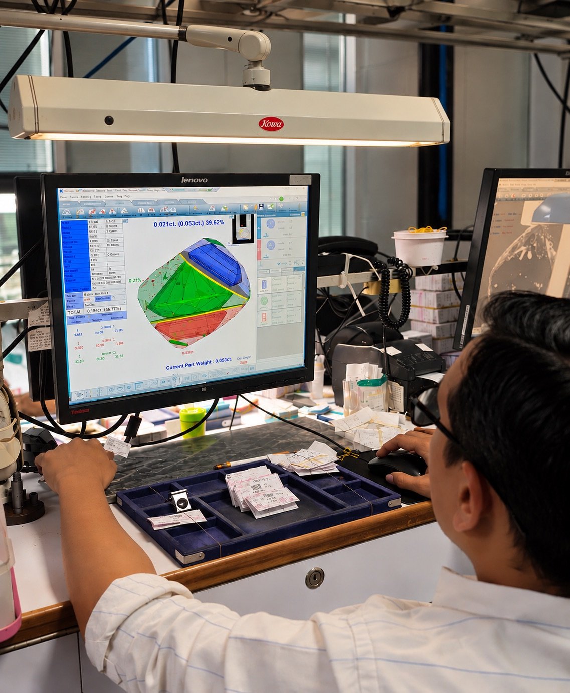 A planner studying a rough diamond scan on screen before it is shaped